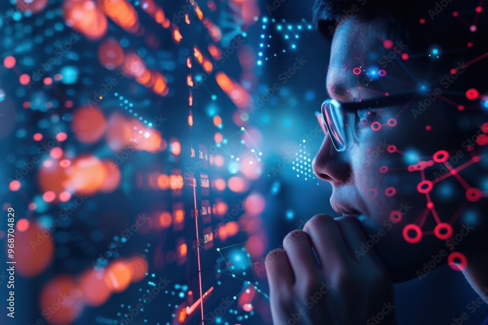 Poster focused individual analyzing digital data, immersed in technology, showcasing innovation and the fut