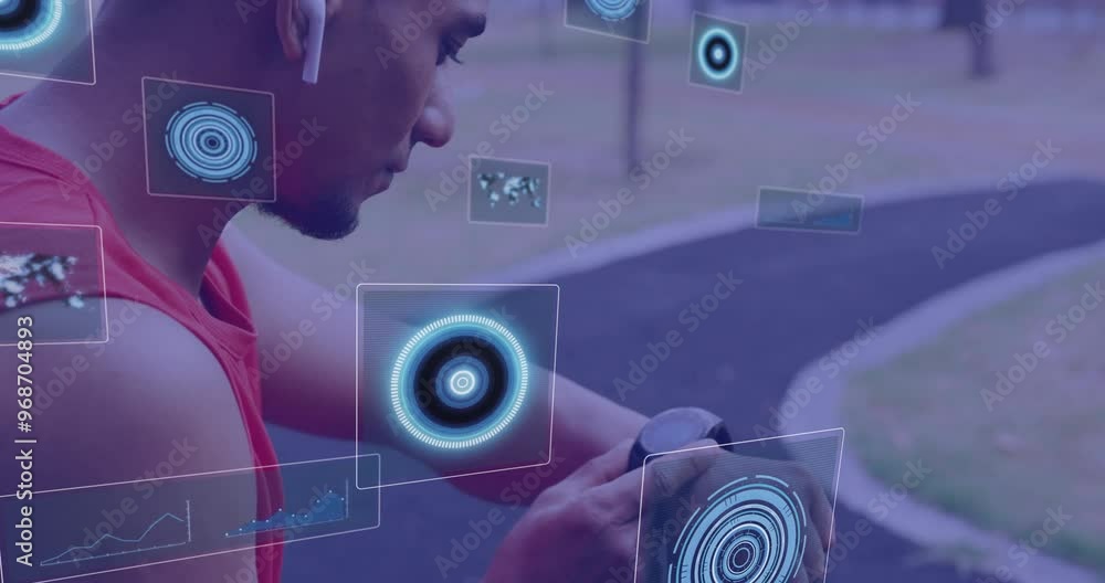 Poster animation of digital screens with data over biracial man using smartwatch