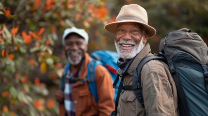 Fototapeta premium Two men are smiling and wearing backpacks while hiking in the woods