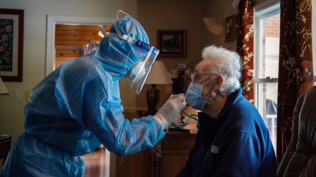A moment of compassionate healthcare as a professional in full PPE conducts a nasal swab on a senior patient, AI Generative - Powered by Adobe
