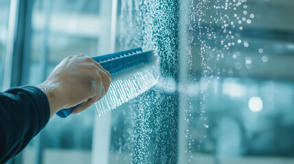 a male cleaner's hand holding a squeegee, cleaning a glass partition in a corporate meeting room. The clean streaks and water droplets are visible