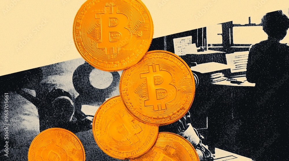 Poster image of dollar symbol coins representing stock market concepts with a backdrop of financial data an
