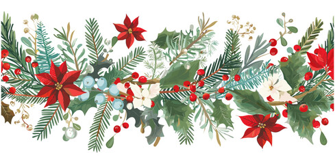 Christmas watercolor horizontal seamless pattern with holly berries, spruce branches and green leaves, Christmas border, winter holiday design elements. Seamless Christmas border with winter plants