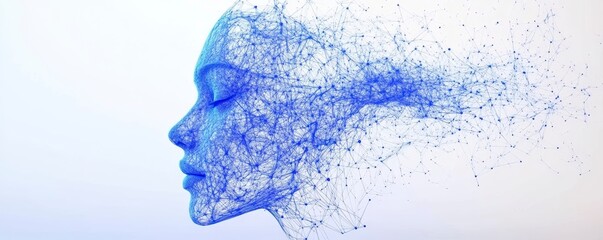 A dissolving blue wireframe human face, transitioning into particles on a clean white background.
