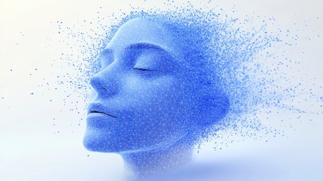 A dissolving blue wireframe human face, transitioning into particles on a clean white background.