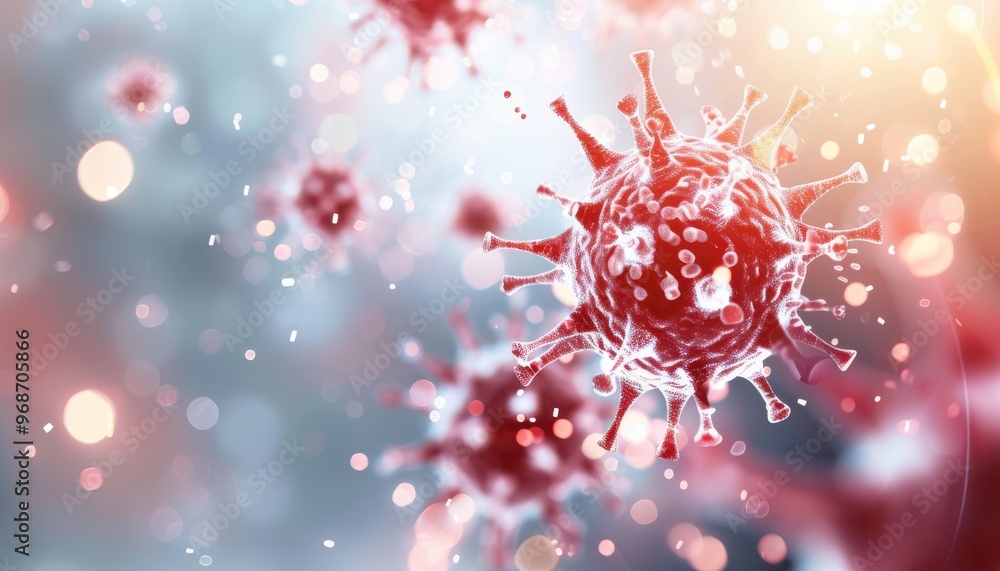 Poster microscopic view of a virus with vibrant colors, illustrating the complexity of viral structures in 