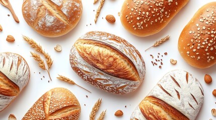 Freshly baked bread of different shapes scattered around grains of wheat and almonds on a white background