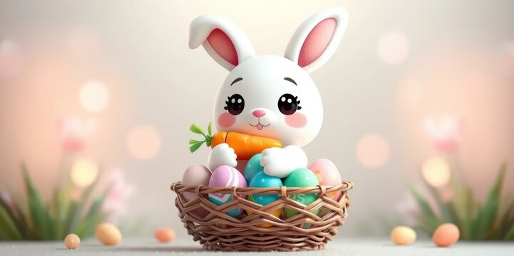 Cute Easter Bunny Hol Carrot in Basket with Easter Eggs