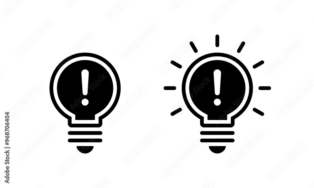 Poster exclamation mark on light bulb icon in generic style. warning lamp sign symbol