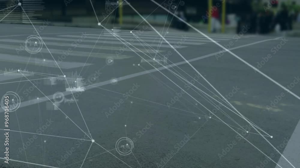 Poster animation of network of connections with data processing over busy road in city