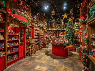 Fototapeta premium Christmas-themed shop with red shelves, a Christmas tree, and festive decorations
