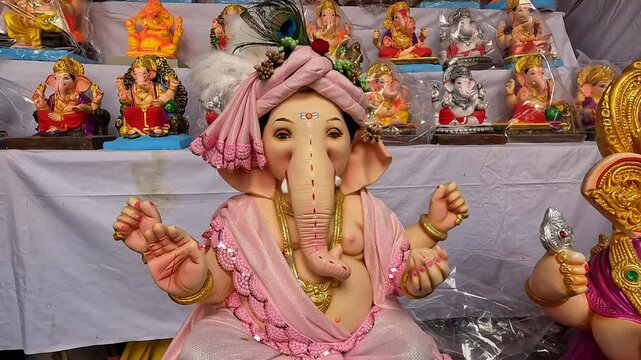 06 September 2024, Newly made idols of the God known as Ganesha or Ganapati for sale at a shop on the eve of Ganesh festival in Pune, India.