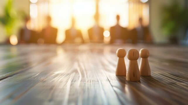 Three wooden figures stand out in focus in a conference room, symbolizing teamwork and collaboration during a business meeting. - Powered by Adobe