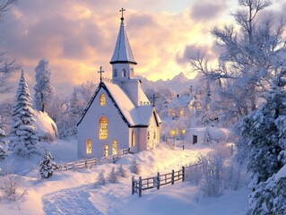 Snowy Church at Sunset with a Path Leading to It