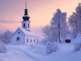 Snow-Covered Church and Trees in a Winter Landscape