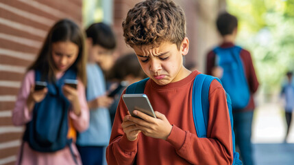 Cyberbullying, abuse concept. Teenage mixed race boy Being Bullied By Text Message. Stressed, frustrated, overwhelmed with online bullying. schoolkids bullying schoolboy online in classroom