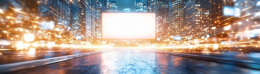 Vibrant cityscape at night with illuminated streets and a large billboard, capturing the essence of...