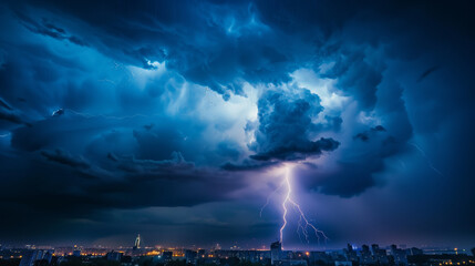 Thunderstorm with Lightning Strikes Over a City Skyline