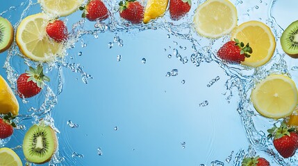 Fresh Fruit Splatters in Blue Water