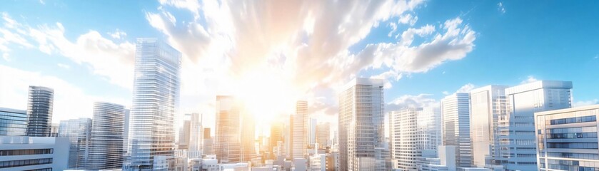 Fototapeta premium A breathtaking city skyline illuminated by the golden rays of the sun, showcasing modern architecture against a blue sky.