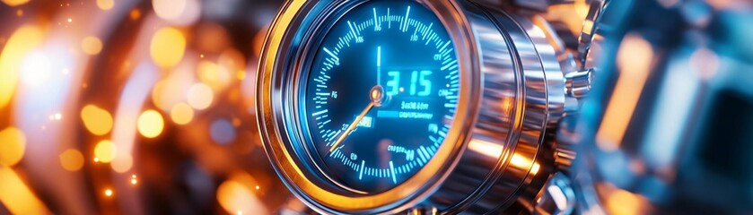 A close-up of a detailed gauge displaying speed, highlighting its intricate design and vibrant colors in a dynamic setting.