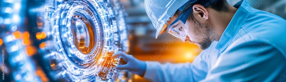 Poster a focused engineer working on a high-tech machine in a futuristic environment, showcasing innovation