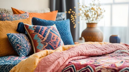 Cozy and Inviting Bohemian Inspired Bedroom with Plush Textured Bedding and Decorative Accents
