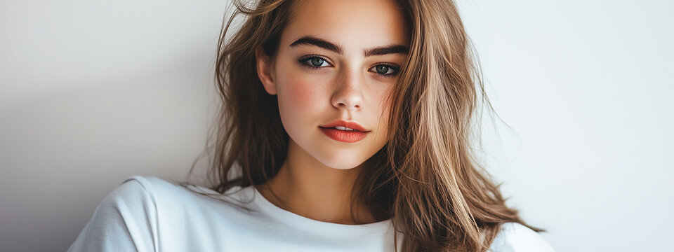 Portrait of a young woman with long light brown hair and fair complexion, gazing confidently at the camera. She wears a white t-shirt, standing against a plain white background.