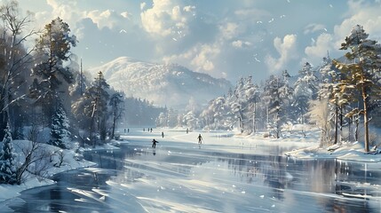 a tranquil, frozen lake surrounded by snow-covered trees and hills, with skaters gliding gracefully on the ice