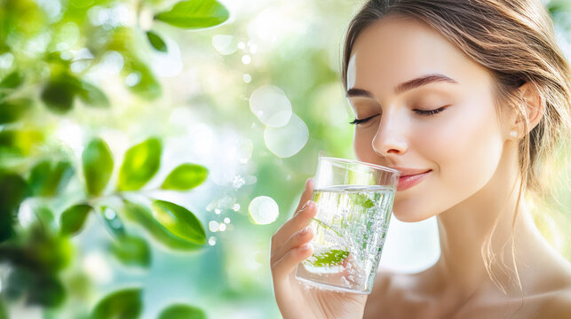 Young beautiful caucasian woman drinking pure water on green natural background. Copy space. water purification filter. Healthy lifestyle. Woman enjoys drinking clean water. Health, wellness, detox - Powered by Adobe