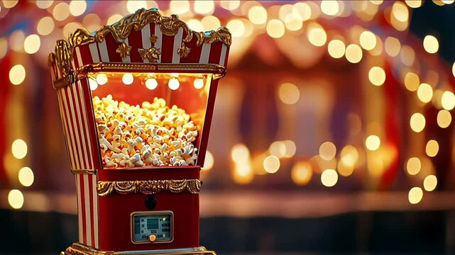 Popcorn machine lighting up a dim room at a vintage carnival