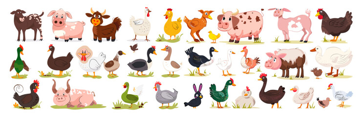 Vector Flat cute farm animals and birds set. Cute animal set with farm and wild character, Ideal kids design, for fabric, wrapping, textile, wallpaper, apparel, Livestock and cartoon funny farming pet