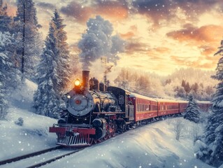 Steam Train Traveling Through a Snowy Forest at Sunset