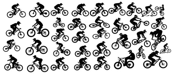 Mountain bike, BMX, dirt jump, trial, slopestyle, freeride, downhill, cross country bicycles vector silhouette collection, cycling vector art, extreme bike sports silhouettes, bike racing graphics