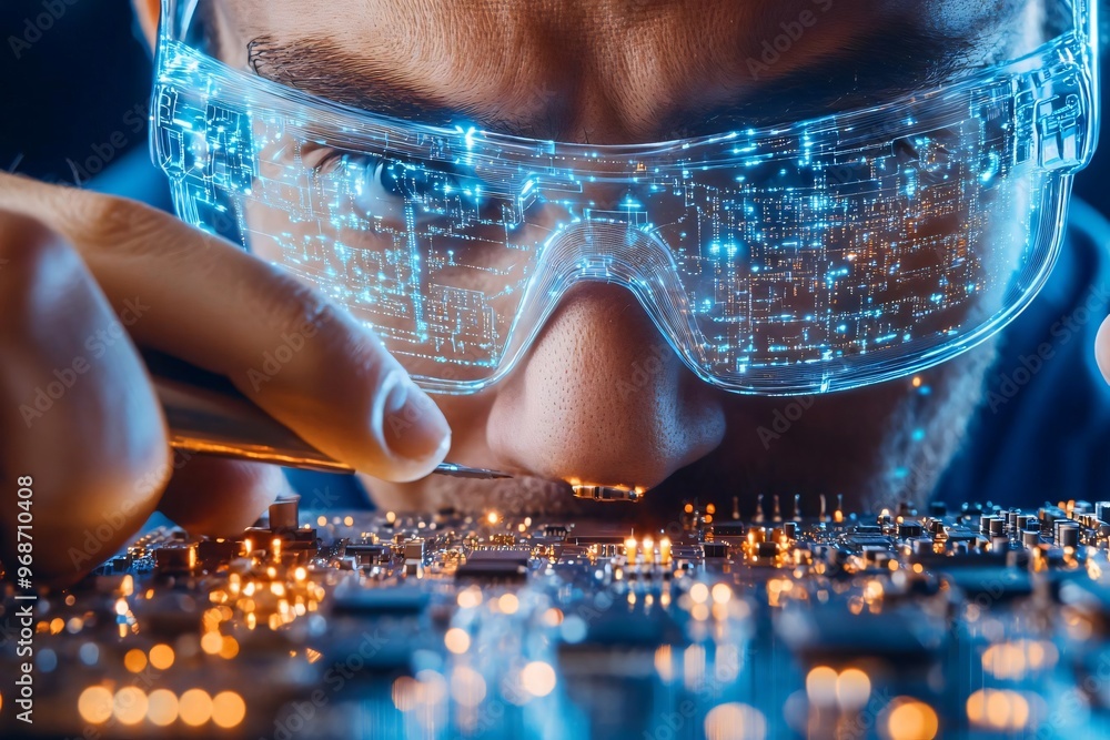 Poster close-up of a technician examining a circuit board with virtual data projection, emphasizing precisi