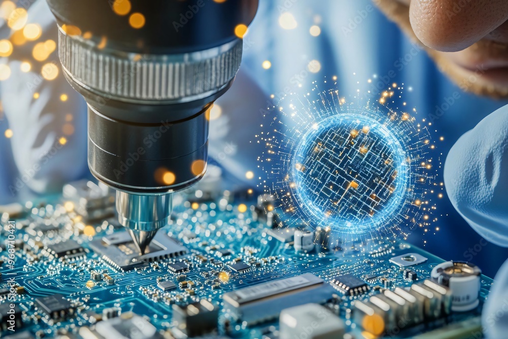 Poster close-up of a technician working on a circuit board, highlighting advanced technology and precision 