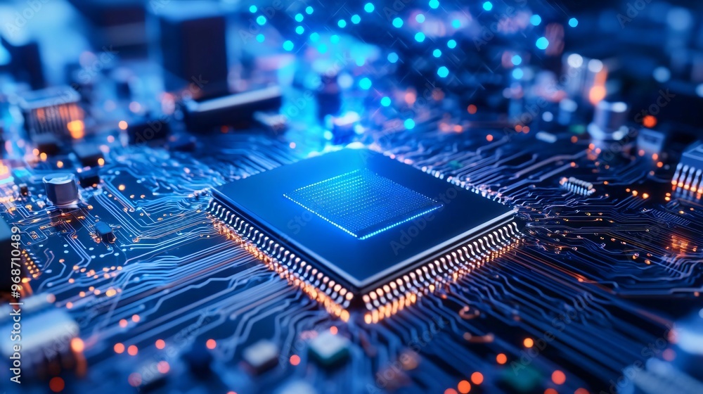 Poster detailed view of a microprocessor on a printed circuit board, showcasing advanced technology and int