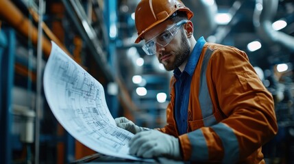 A man in an orange safety suit is looking at a blueprint