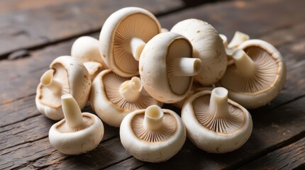 Fresh white champignon mushrooms on a rustic wooden table