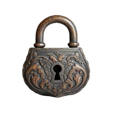A vintage padlock with intricate floral designs resting on a transparent background