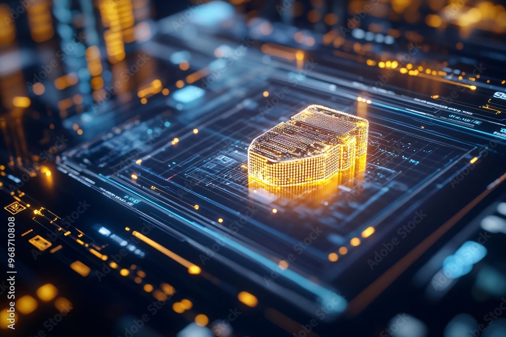 Poster futuristic digital rendering of a glowing data chip on a circuit board, symbolizing advanced technol