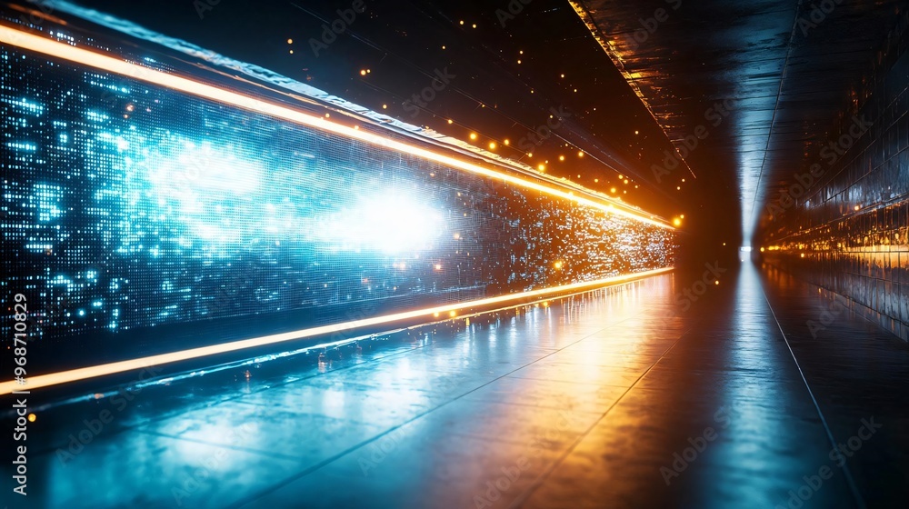 Poster futuristic corridor with dynamic light trails and glowing effects, creating a sense of motion and ad