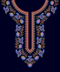 Embroidery neck design with floral paisley patterns and vine scroll motifs on a navy background. Symmetrical digital surface pattern design. Suitable for Indian kurta, kaftan, and dashiki shirts.