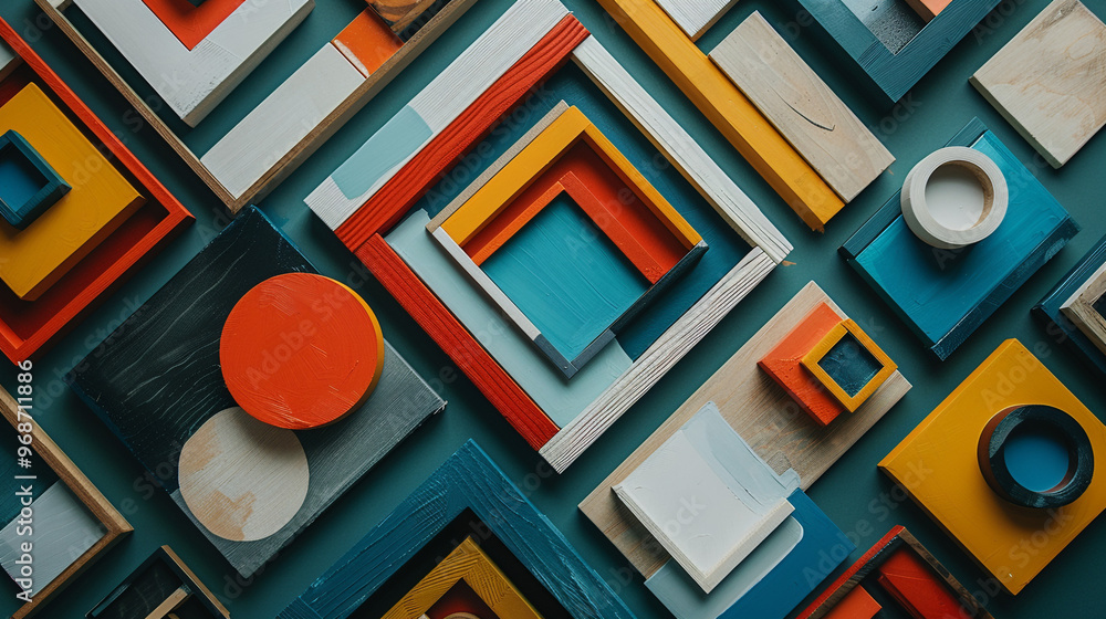 Poster an overhead view of a diy photo frame assembly process, with a selection of wooden blocks and paint 