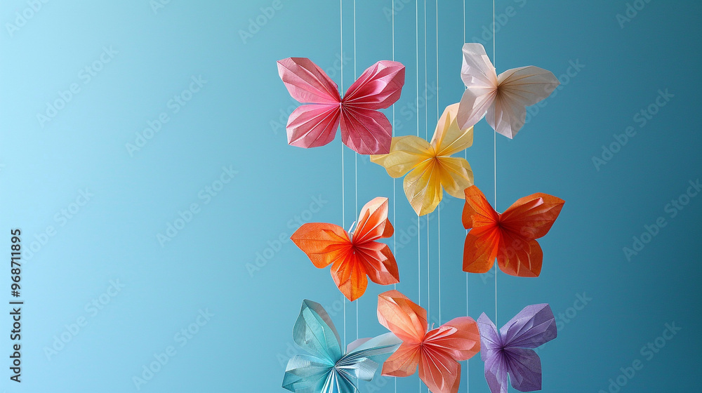 Poster an overhead view of a diy mobile featuring multiple tissue paper butterflies in various colors, susp