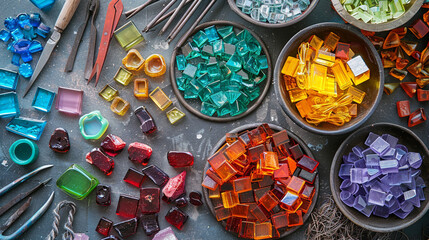 Fototapeta premium An overhead view of a crafting table with materials for making a DIY suncatcher, including translucent colored glass pieces, metal wire, and pliers. 