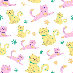 Vector pattern with the image of yellow and pink fairy cats