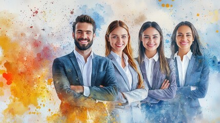 watercolor corporate success scene with a smiling team, personal branding elements, clean copyspace, vibrant and uplifting colors