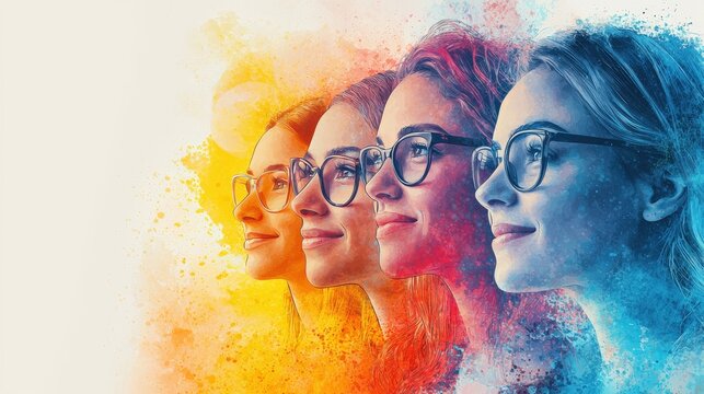 watercolor corporate success scene with a smiling team, personal branding elements, clean copyspace, vibrant and uplifting colors