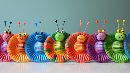 A close-up of a DIY paper plate caterpillar craft, featuring a series of colorful paper plates connected in a line to create the caterpillar's body. 